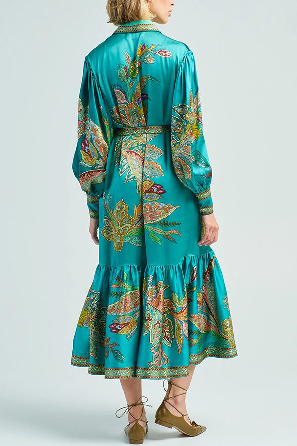 Resort Style satin Unique Printed Lapel Lantern Sleeve Lace-up Midi Dress-consonak