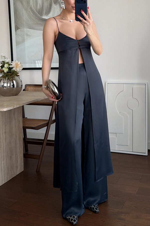 Giselle Satin Front Button Cutout Slit Midi Top and Elastic Waist Loose Pants Set