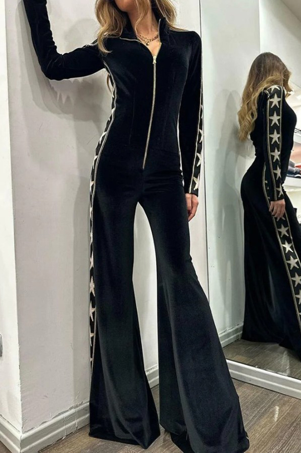 Star-print Velvet Patchwork Zipped Wide-leg Jumpsuit(ONE SIZE DOWN) | Consonak