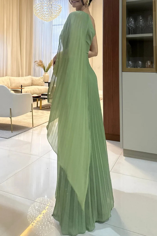 Kate Pleated One Shoulder Drape Sleeve Twist Waist Maxi Dress-consonak