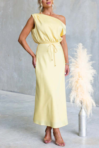Solid Color One-shoulder Sleeveless Belted Casual Maxi Dress