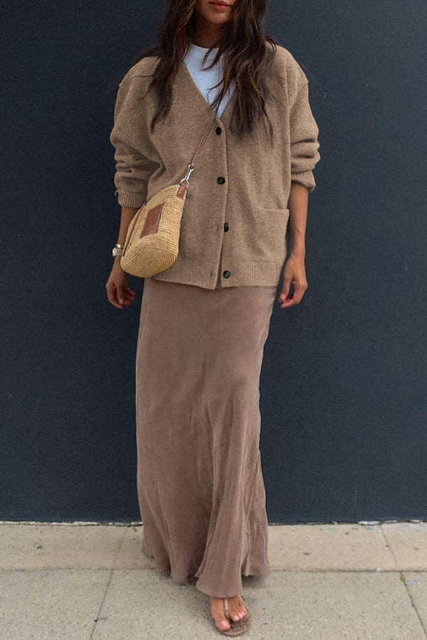 Solid Color V-Neck Button Casual Pocket Knit Cardigan-consonak