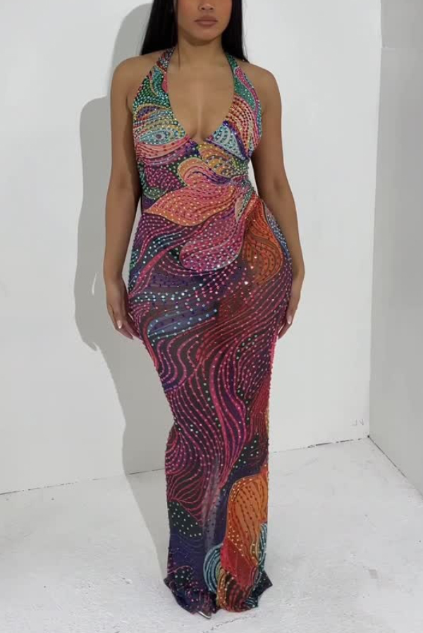 Fashionable Colorful Printed Sleeveless Halter Neck Slim-fit Maxi Dress