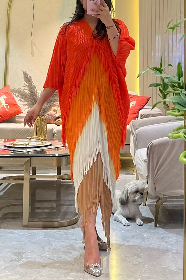 Fashionable Color-blocked Multi-layered Tassel Loose Midi Dress-consonak