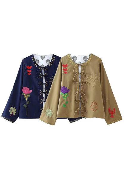 Fashionable Embroidered Lace-up Long-sleeved Loose Top-consonak