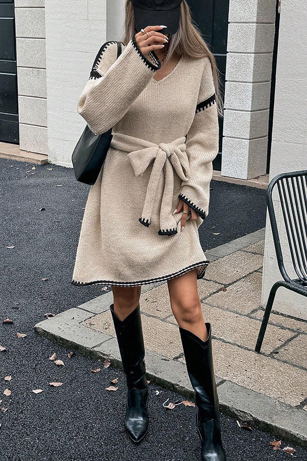 Stylish Loose-fitting Long-sleeved Tie-waist Knit Mini Dress-consonak