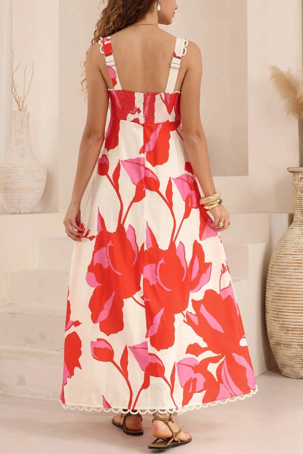 Floral Print Square Neck Sleeveless Wavy Trim Holiday Maxi Dress-consonak
