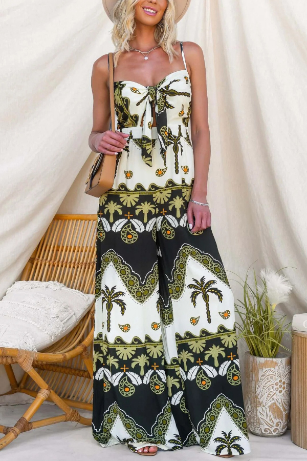 Unique Print Casual Spaghetti Strap High Waist Resort Loose Wide Leg Jumpsuit | Consonak