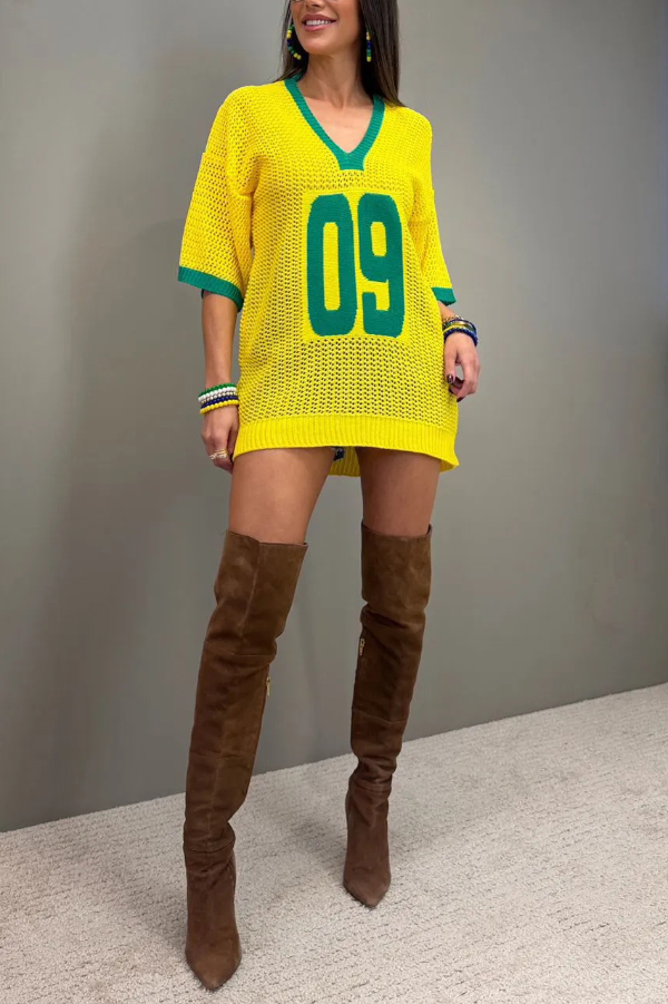World Cup Digital Jacquard Loose V-neck Short-sleeved Knit Top