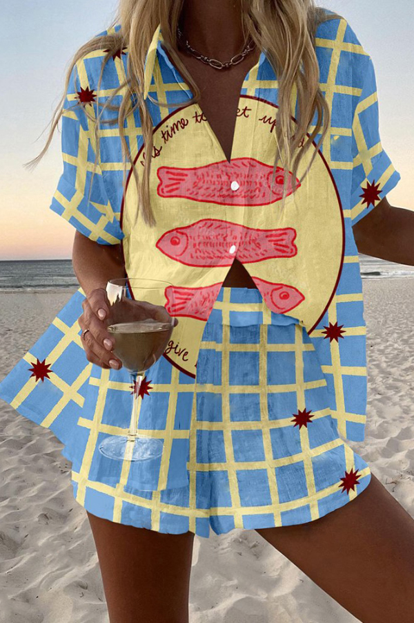 Checkered Fish Print Loose Button Elastic Waist Shorts Set-consonak