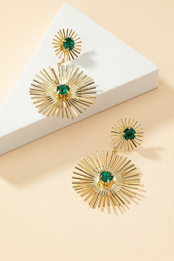 Exaggerated Emerald Rhinestone Line Metal Earrings-consonak
