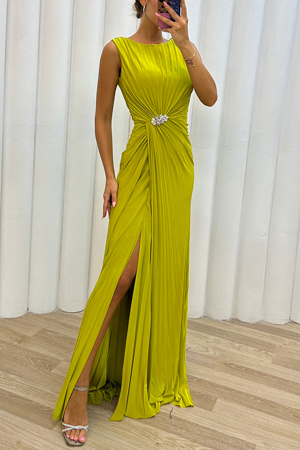 Pretty Special Pleated Embellished Slit Evening Maxi Dress | Consonak