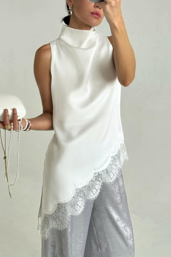 Solid Color Satin Spliced lace Sleeveless Irregular Casual Top