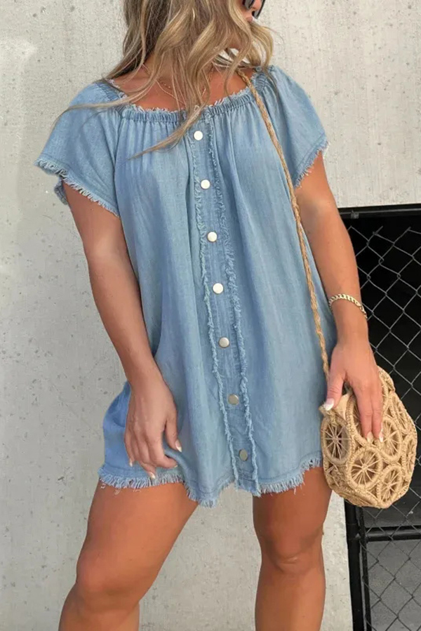 Fashionable Off Shoulder Short-sleeved Loose Denim Mini Dress-consonak