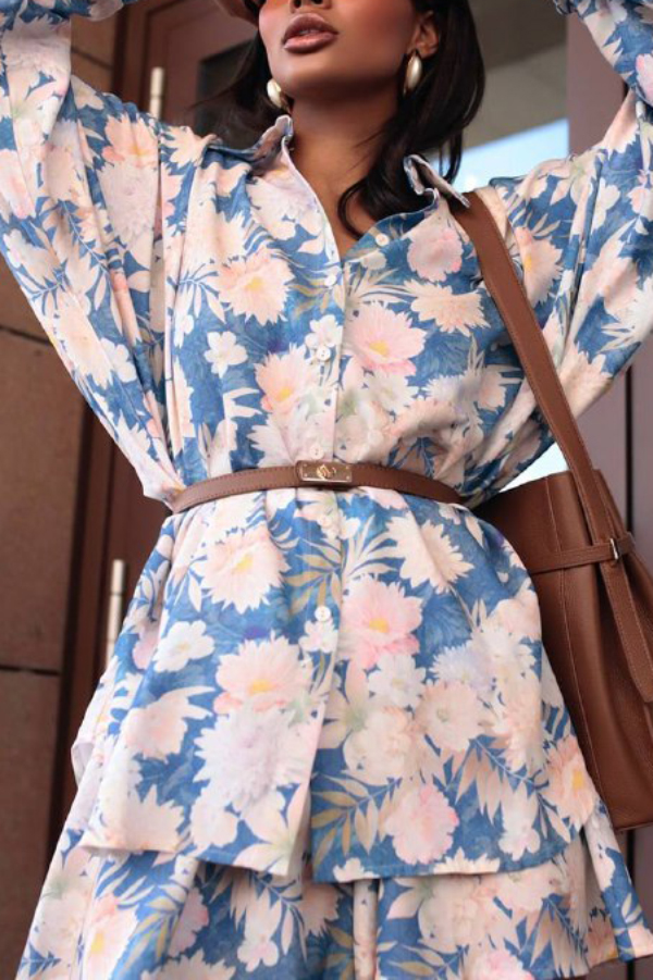 Botanical Print Collared Long-sleeved Loose-fitting Shirt and Elastic Waist Casual Shorts Set-Consonak