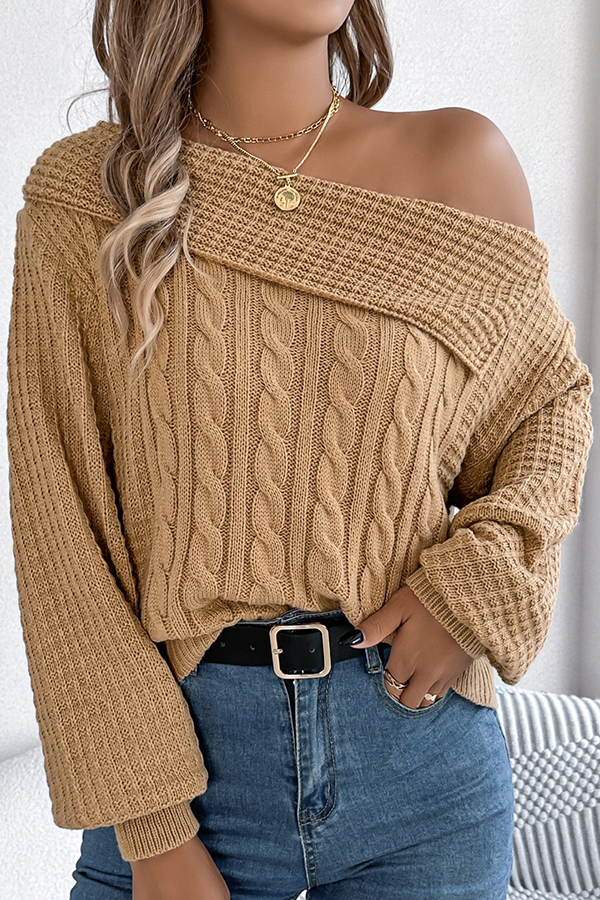 Solid Color Casual One Shoulder Long Sleeve Knitted Sweater-consonak