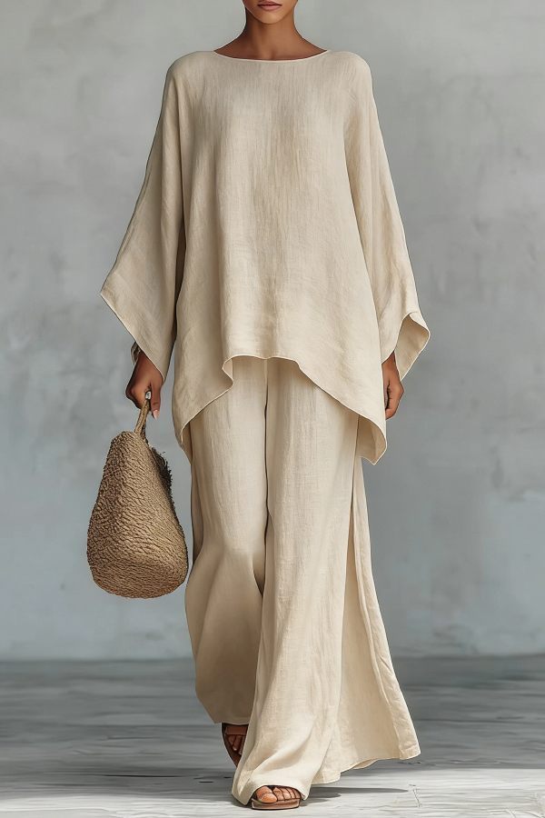 Linen Blend Crew Neck Long-sleeved Loose Top and Elastic Waist Casual Wide-leg Pants Set