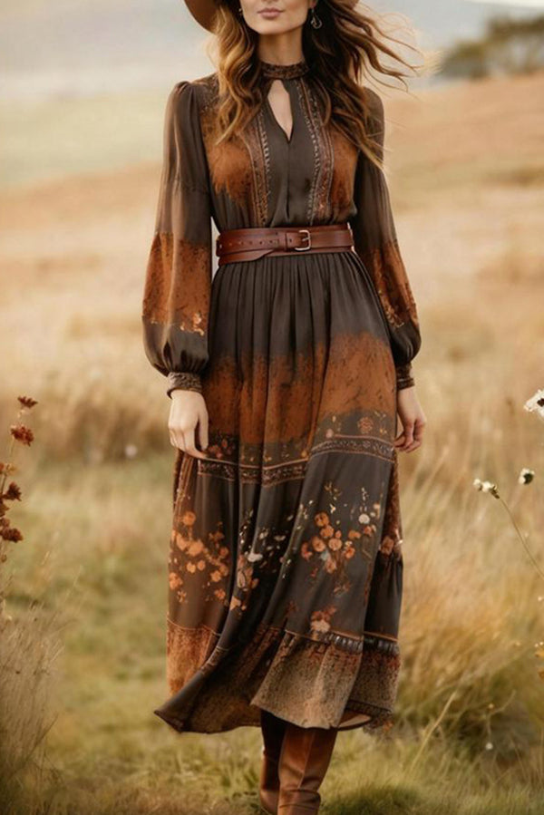 Fashionable Hollowed-out Round Neck Long Sleeve Fitted Waist Midi Dress-consonak