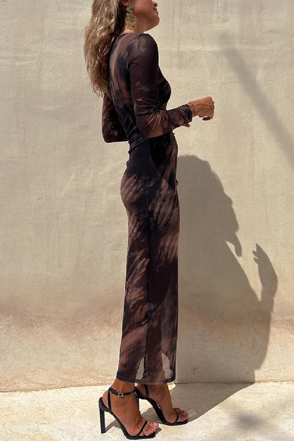 Charm Lady Mesh Overlay Tie Dye Print Long Sleeve Ruched Stretch Midi Dress | Consonak