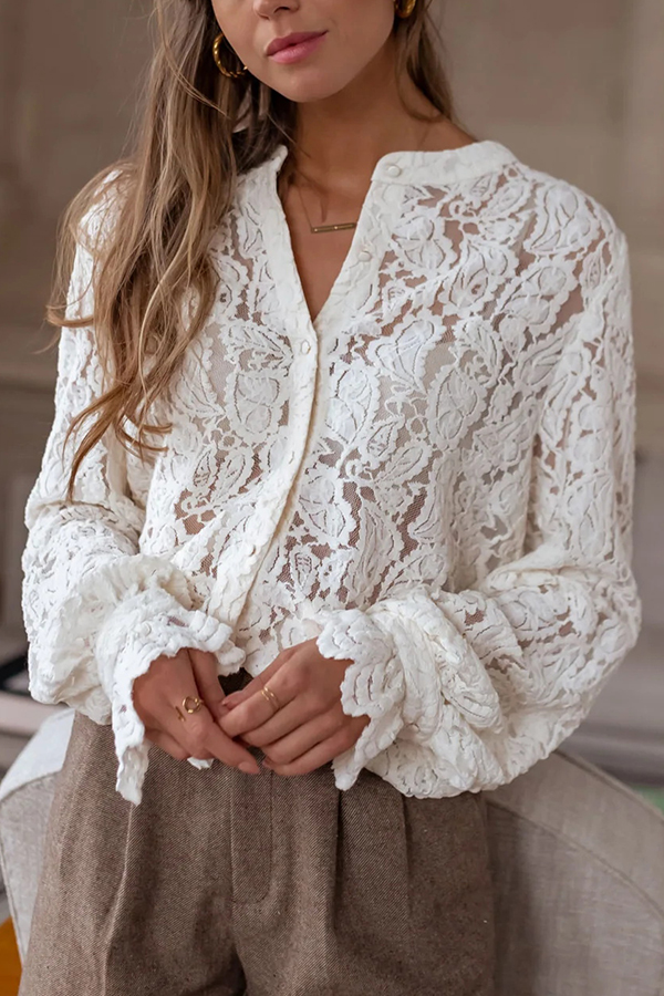 Fashionable Lace Long-sleeved Casual Button-down Shirt-consonak