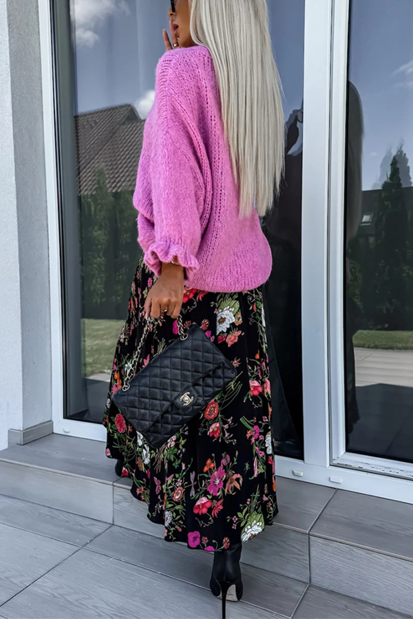 Solid Color Round Neck Ruffled Long Sleeve Knitted Sweater-consonak
