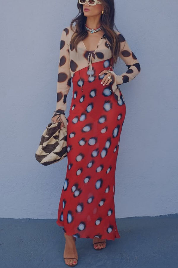 Sabine Animal and Butterfly Print Colorblock Long Sleeve Bias Cut Maxi Dress | Consonak