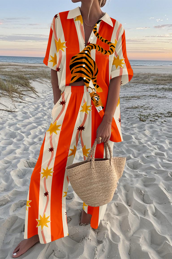 Tiger Print Oversized Shirt and Elastic Waist Pocket Pants Set-consonak