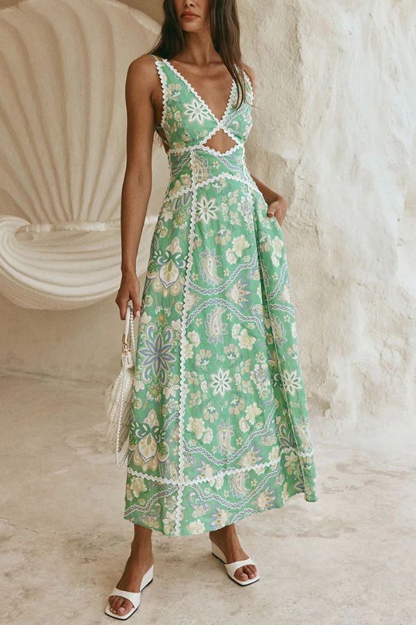 Linen Blend Unique Print V-neck Sleeveless Cutout Waist-cinching Maxi Dress