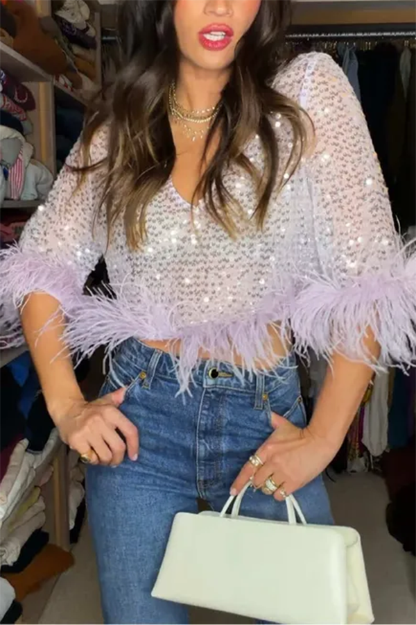Dream Girl Sequin Feather Trim V-neck Half Sleeve Loose Crop Top-consonak