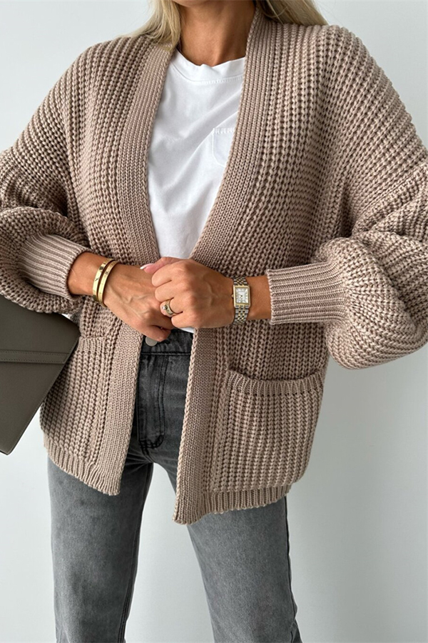 Solid Color V-neck Long-sleeved Casual Knitted Cardigan-consonak