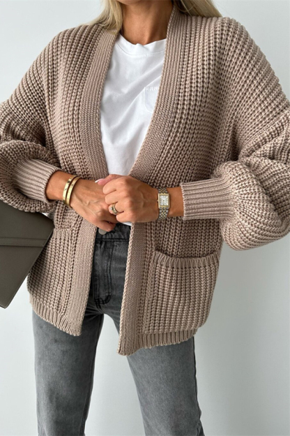Solid Color V-neck Long-sleeved Casual Knitted Cardigan-consonak