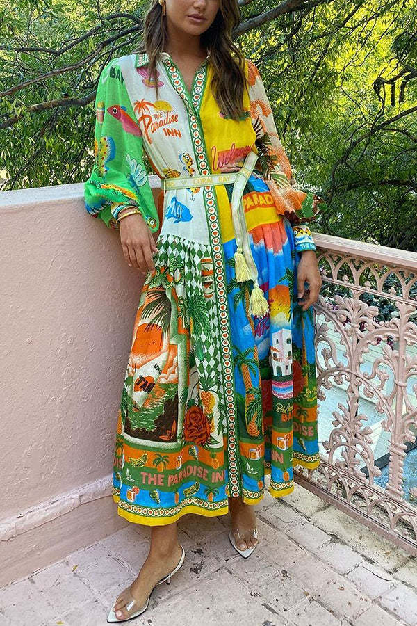 A World of Colour Unique Print Balloon Sleeve Belt Shirt Midi Dress-consonak