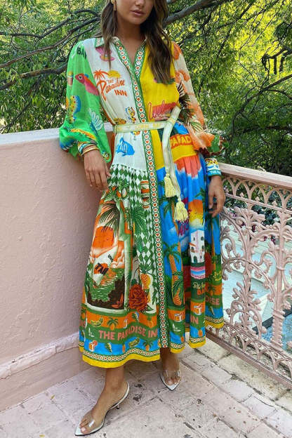 A World of Colour Unique Print Balloon Sleeve Belt Shirt Midi Dress-consonak