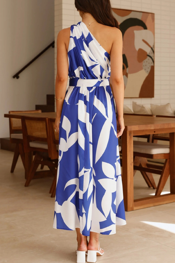 Unique Printed One-Shoulder Belt Casual Holiday Maxi Dress | Consonak
