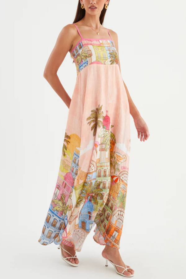 Unique Printed Loose Sleeveless Camisole Casual Vacation Maxi Dress-consonak