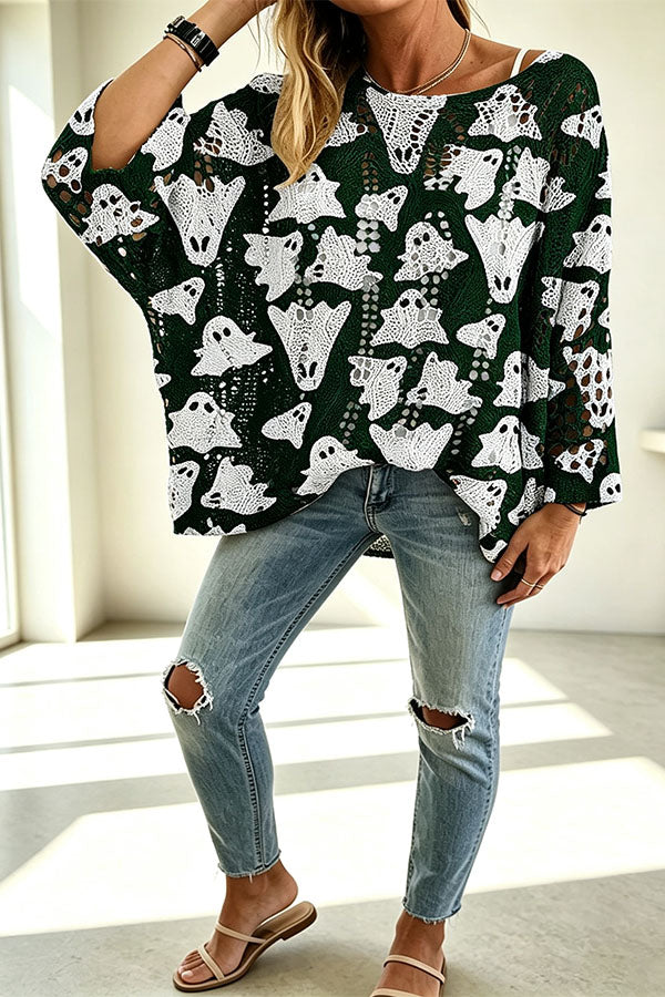 Halloween Pumpkin & Bat Hollow Out Knit Oversized Sweater-Consonak