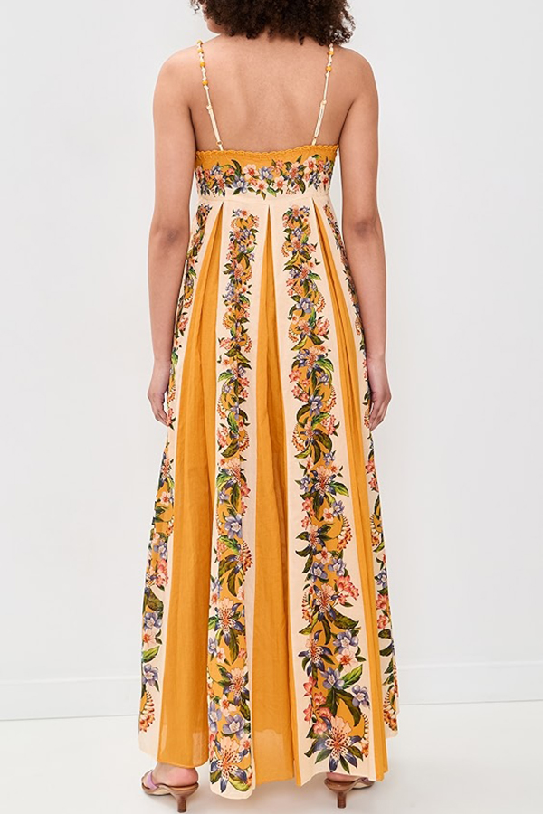 Bloom Bright Linen Blend Floral Print Beaded Shoulder Straps Pocket Maxi Dress