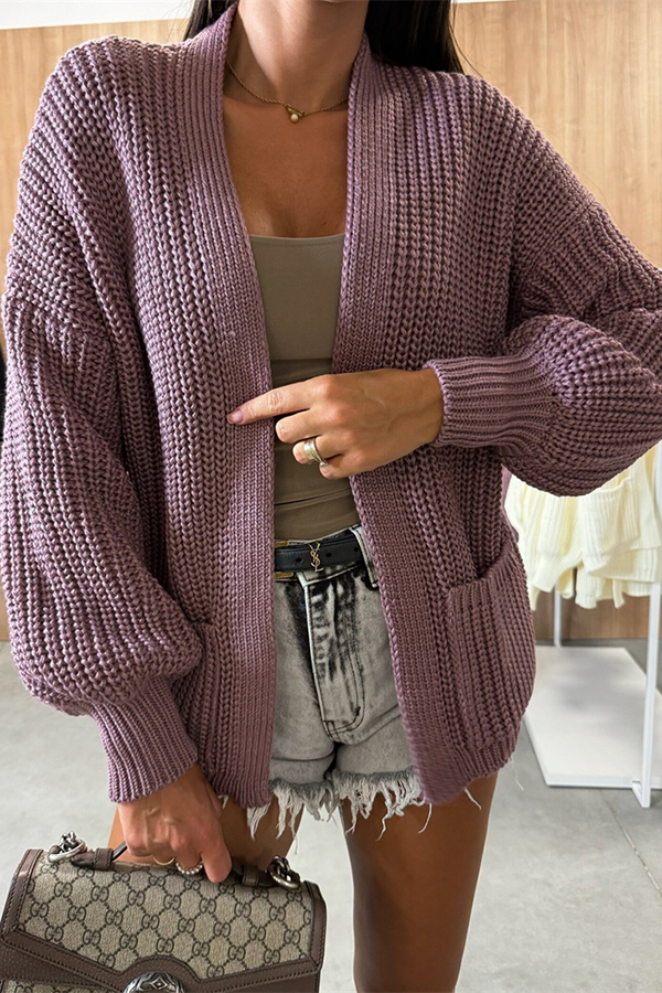 Solid Color V-neck Long-sleeved Casual Knitted Cardigan-consonak