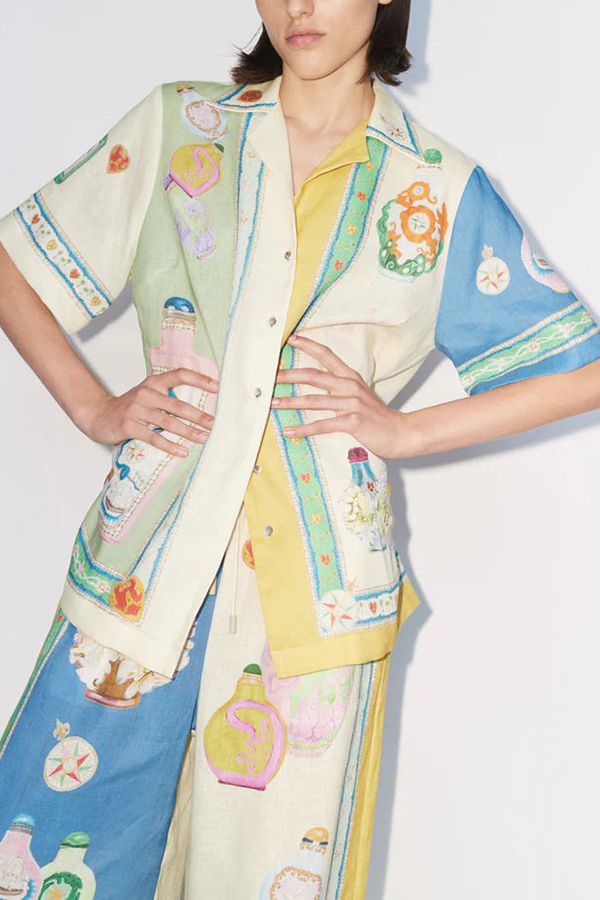 Creating Memories Linen Blend Unique Print Short Sleeve Button Oversized Blouse-consonak