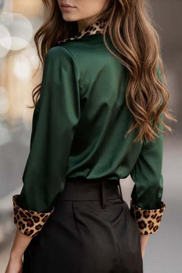 Satin Leopard Print Patchwork Casual Long-sleeved Shirt-consonak