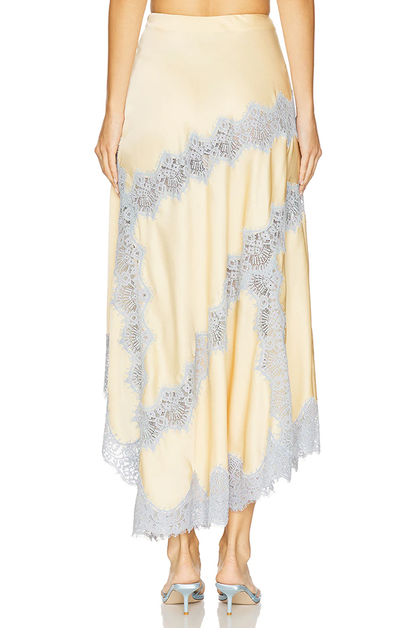Wine Tasting Contrast Color Satin Lace Trim Irregular Hem Drape Midi Skirt | Consonak