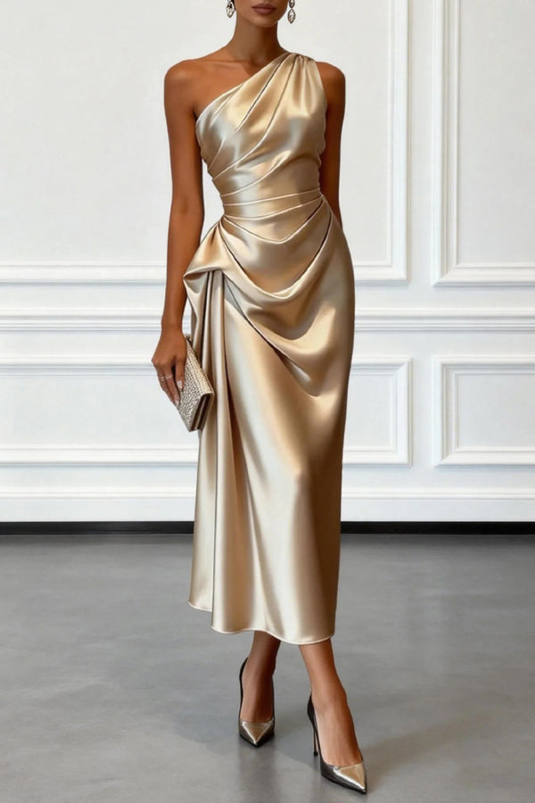 Satin One-shoulder Pleated Waist Elegant Midi Dress-Consonak