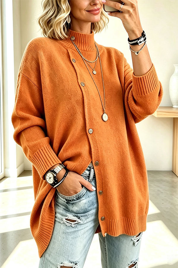 Warm Season Knit Turtleneck Button-down Long Sleeve Loose Sweater-Consonak