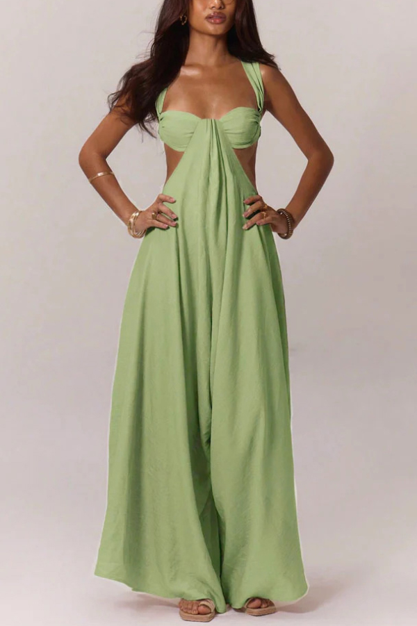 Solid Color Casual Camisole Loose Stretch Wide-leg Jumpsuit-consonak