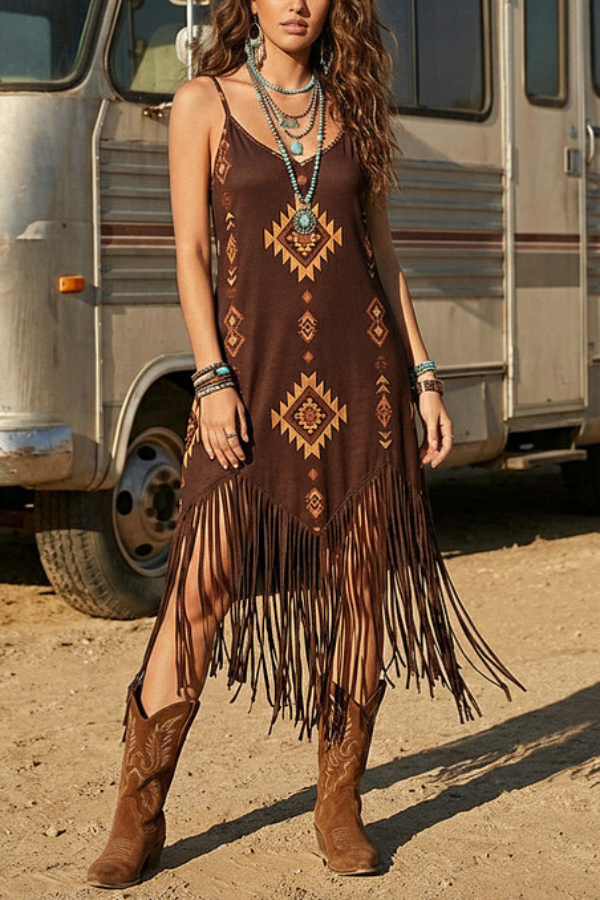 Unique Printed Sleeveless Suspender Casual Tassel Hem Midi Dress