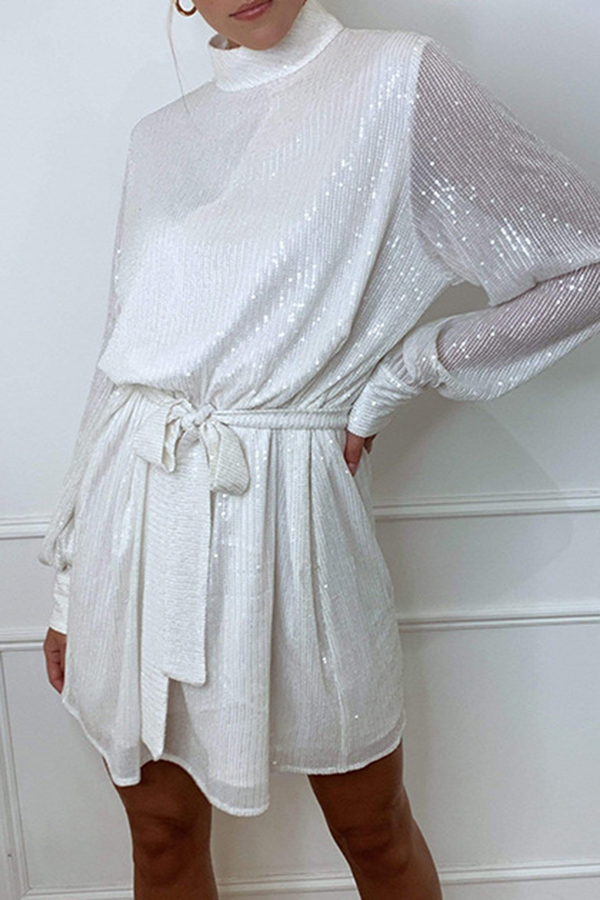 Fashionable Sequined Long-sleeved Belted Casual Mini Dress-consonak