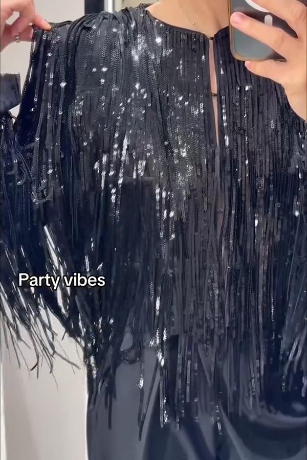 Party Crasher Layered Sequined Tassels Long Sleeve Loose Jacket-consonak