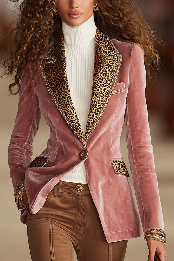 Gold Velvet Leopard Print Patchwork Lapel Long Sleeve Elegant Blazer-consonak