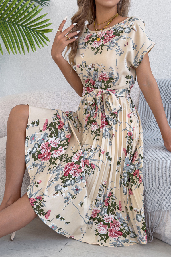 Floral Print Round Neck Fitted Waist Tie Pleated Midi Dress-consonak