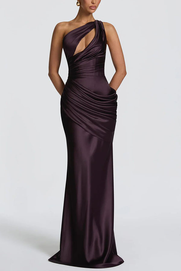 Emina Satin One Shoulder Asymmetrical Neck Cutout Back Lace-up Drape Maxi Dress | Consonak
